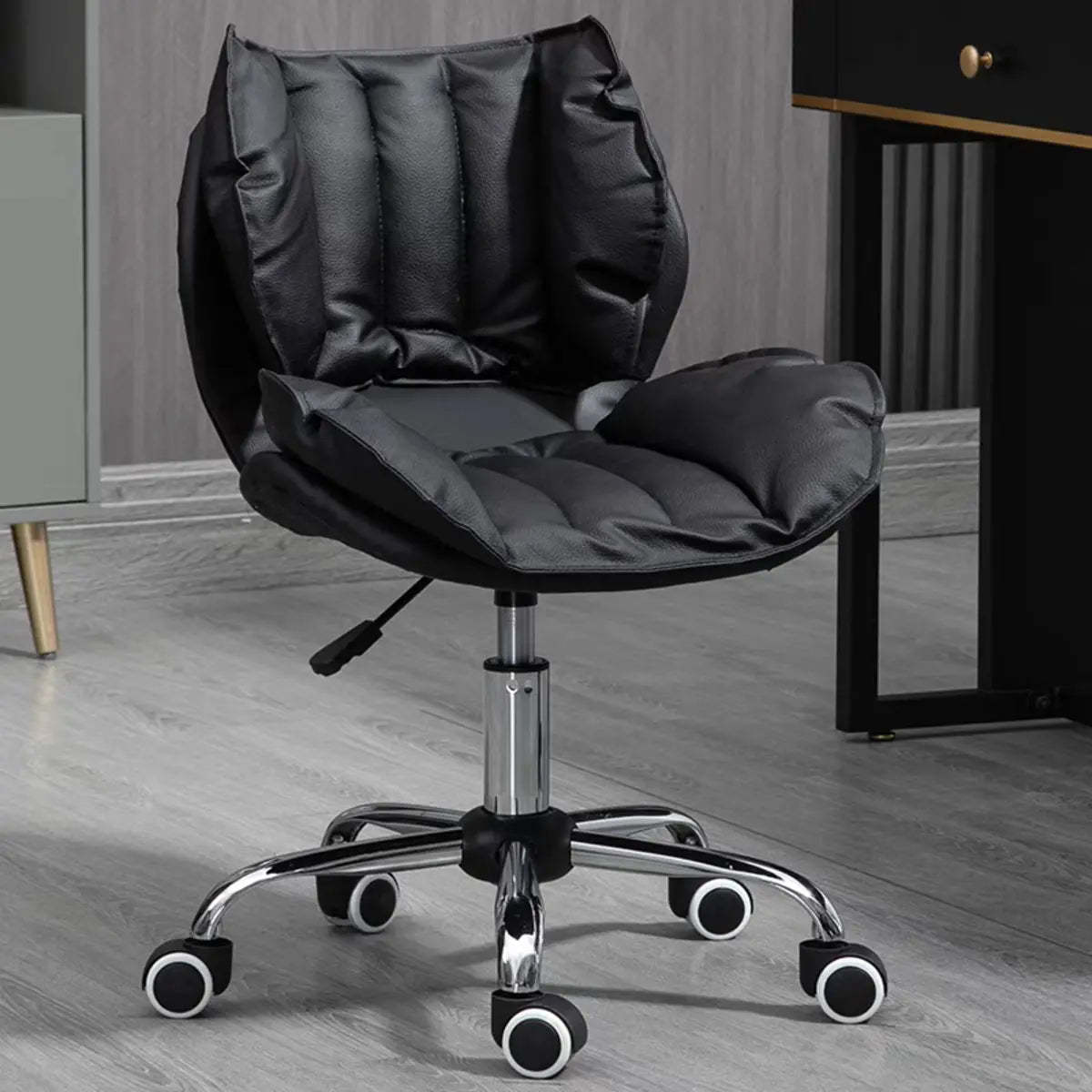 Modern Beige Upholstered Alloy Office Stool with Wheels