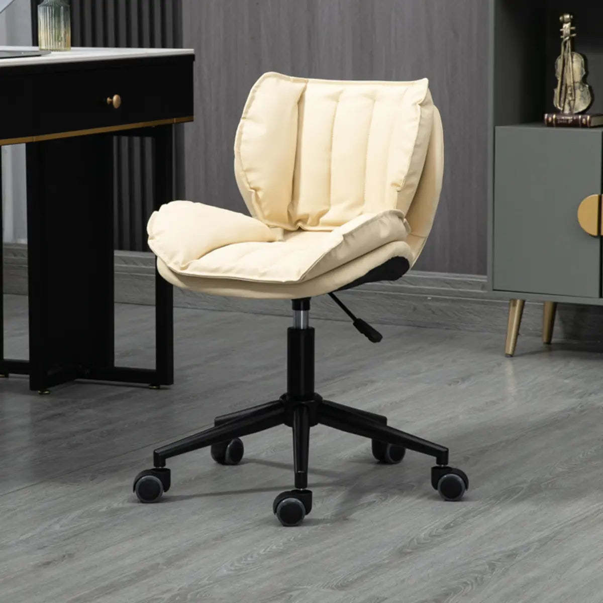 Modern Beige Upholstered Alloy Office Stool with Wheels — Black / Black