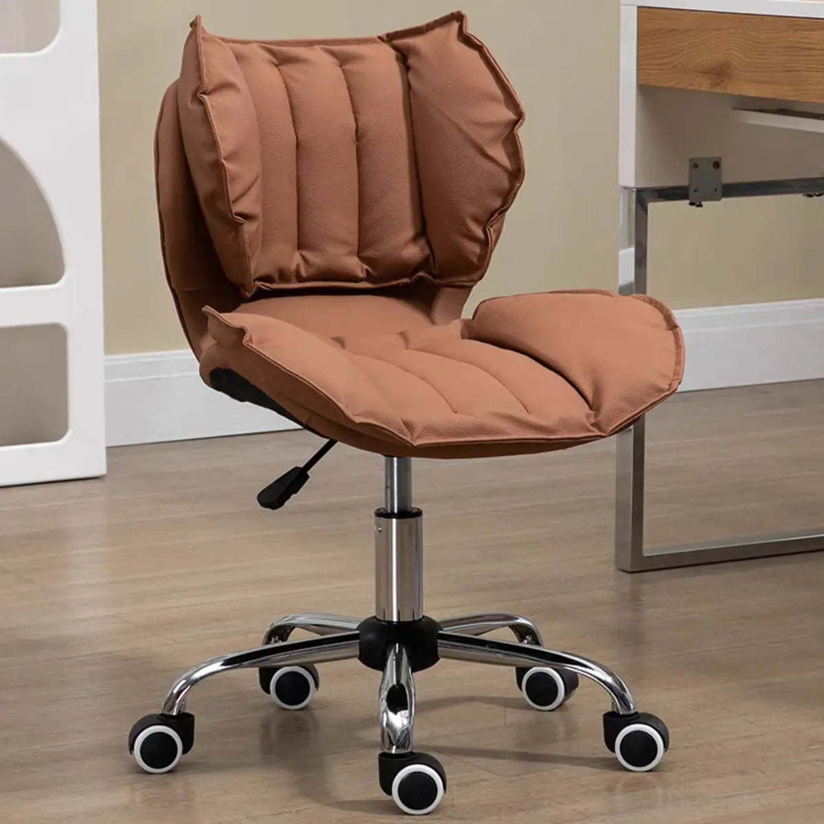 Modern Beige Upholstered Alloy Office Stool with Wheels