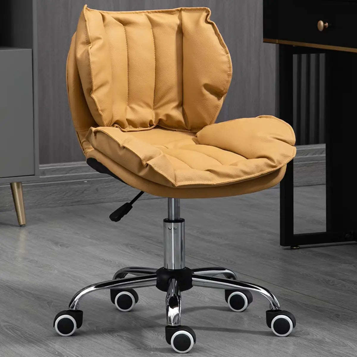 Modern Beige Upholstered Alloy Office Stool with Wheels