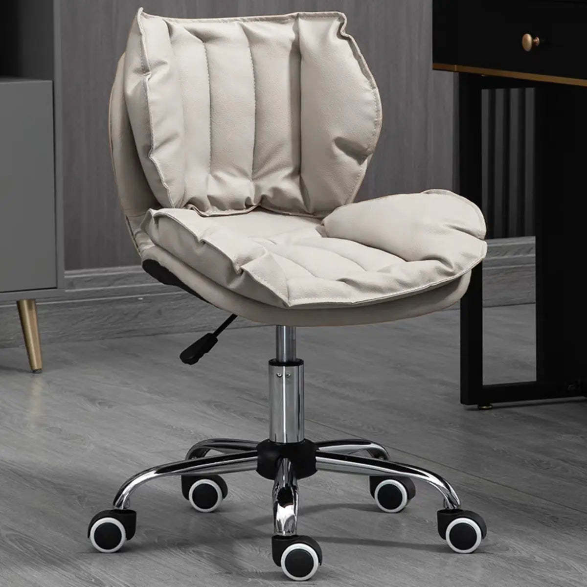 Modern Beige Upholstered Alloy Office Stool with Wheels