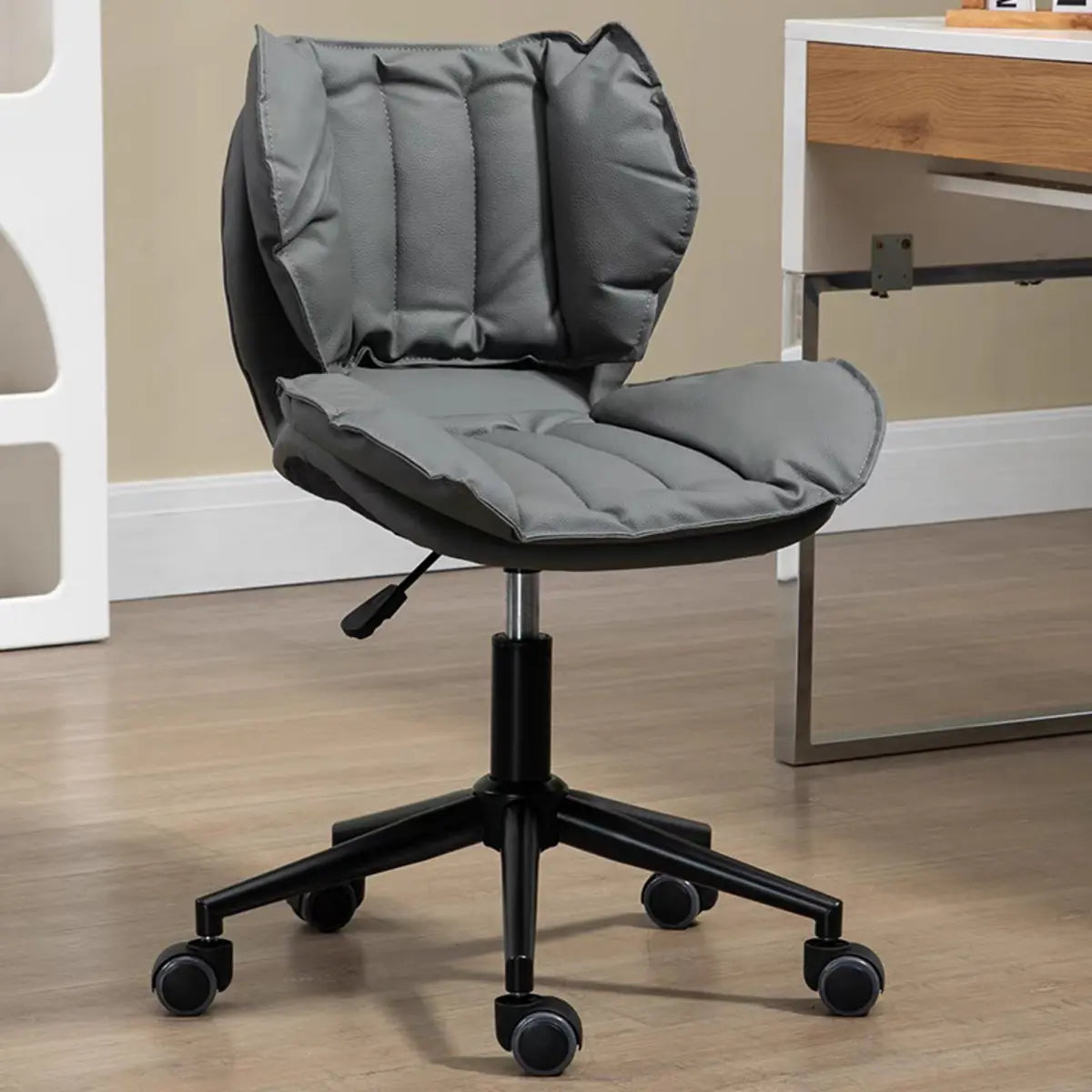 Modern Beige Upholstered Alloy Office Stool with Wheels — Black / Grey