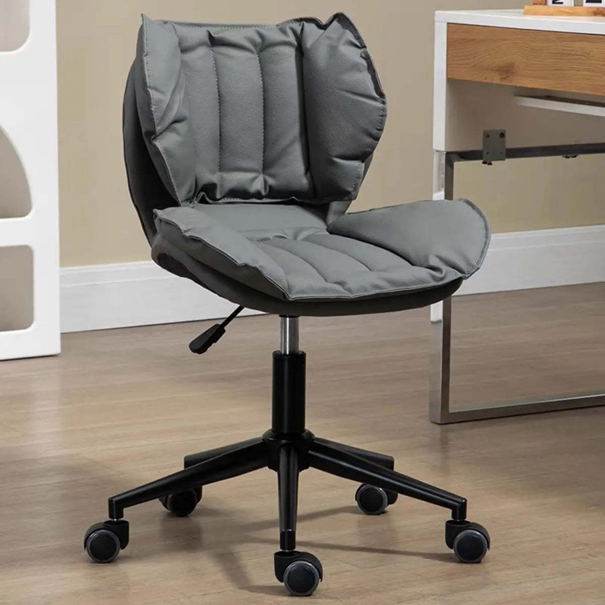 Modern Beige Upholstered Alloy Office Stool with Wheels — Black / Grey
