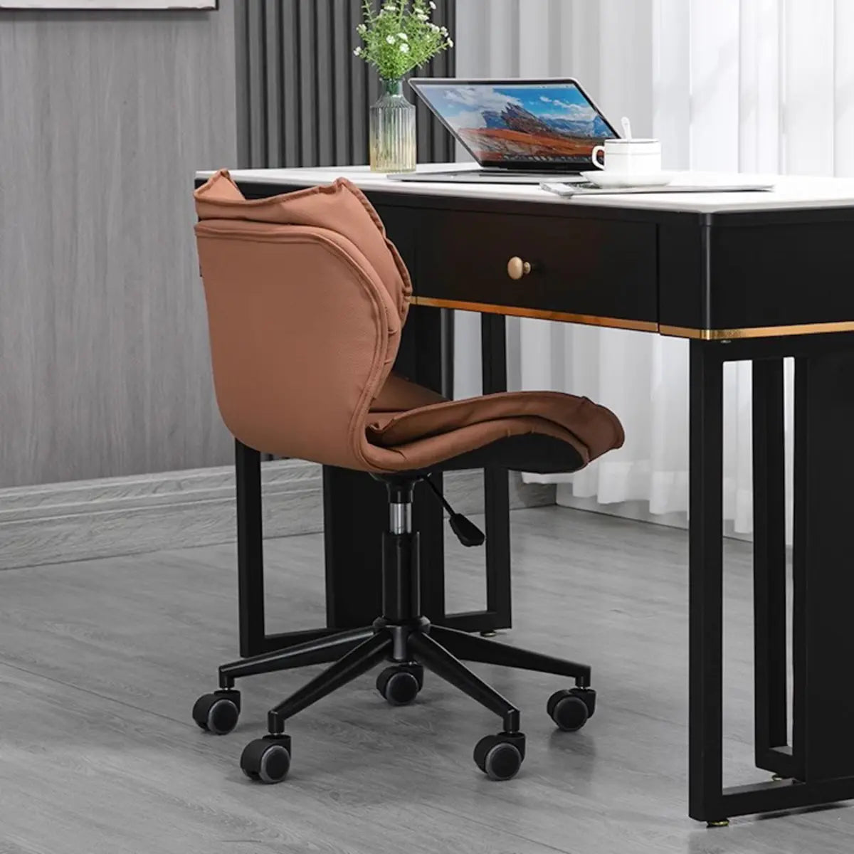 Modern Beige Upholstered Alloy Office Stool with Wheels — Black / Khaki