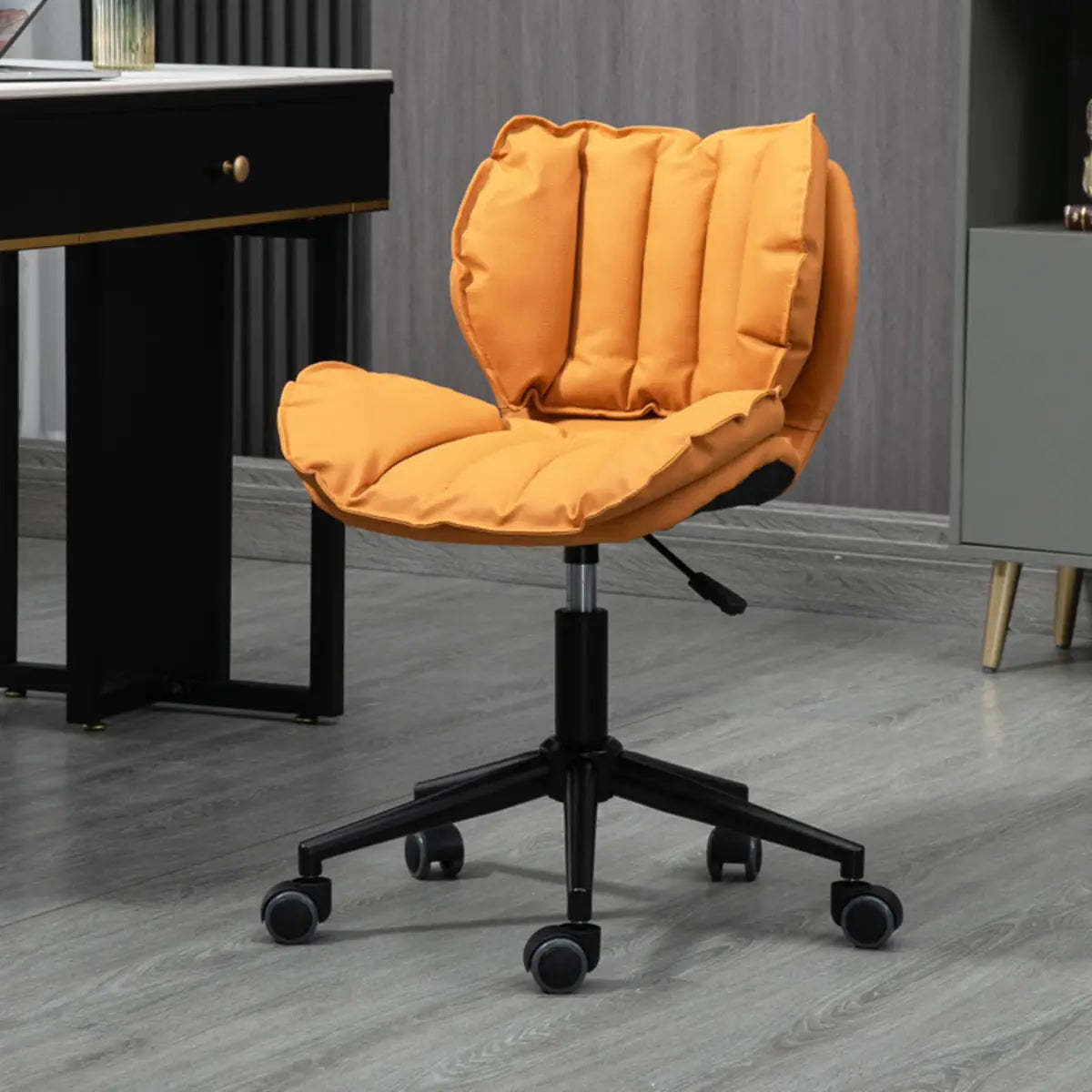 Modern Beige Upholstered Alloy Office Stool with Wheels — Black / Off-White