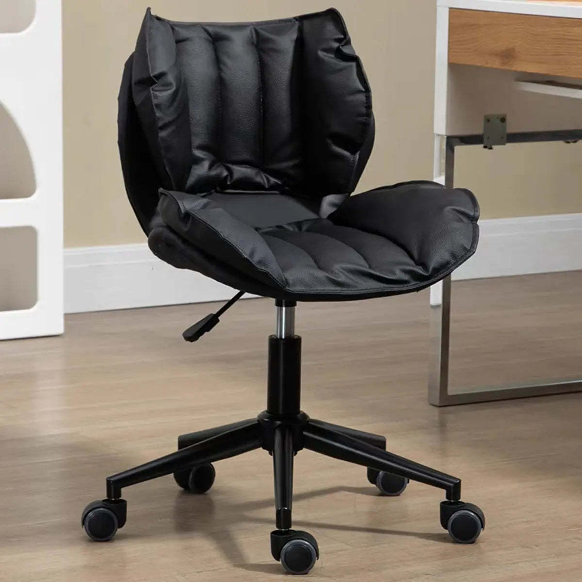 Modern Beige Upholstered Alloy Office Stool with Wheels — Silver / Black