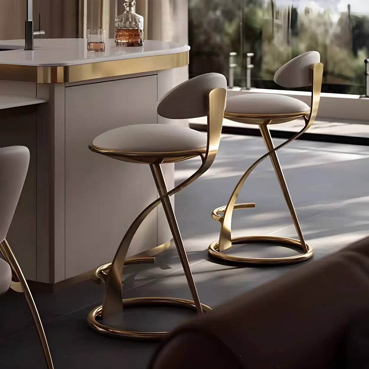 Modern Beige Upholstered Curved-Back Bar Stool