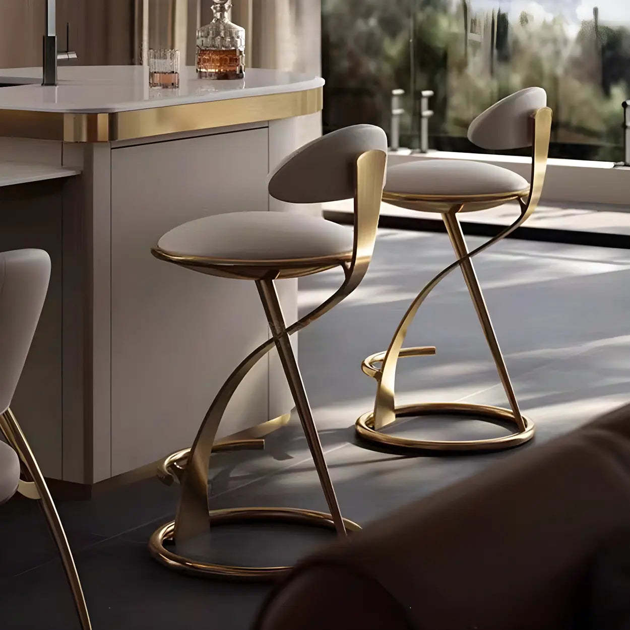 Upholstered Sculpted Metal Curved Back Bar Stool