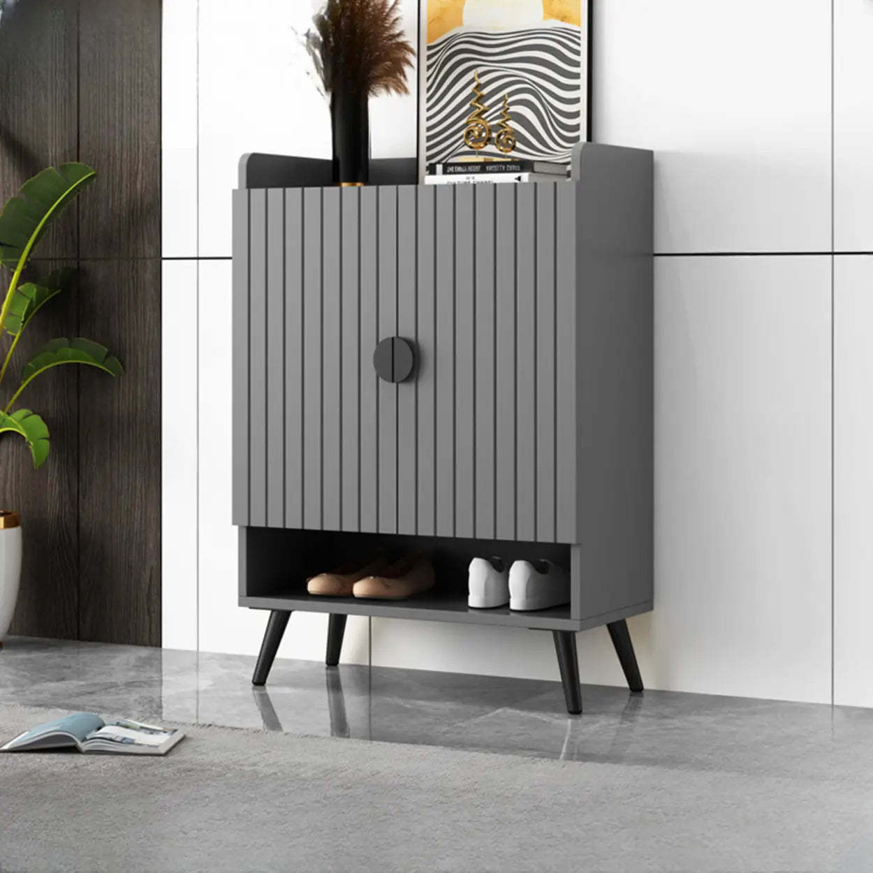 Modern entry storage gray wood shoe storage, Lighom — 24" L x 13" W x 39" H / Black