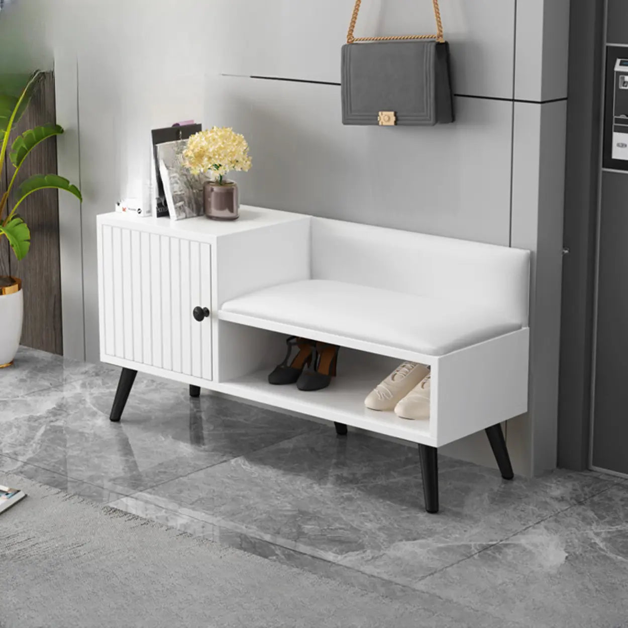 Modern Gray Wood Entry Shoe Storage Bench Cabinet — White-Black