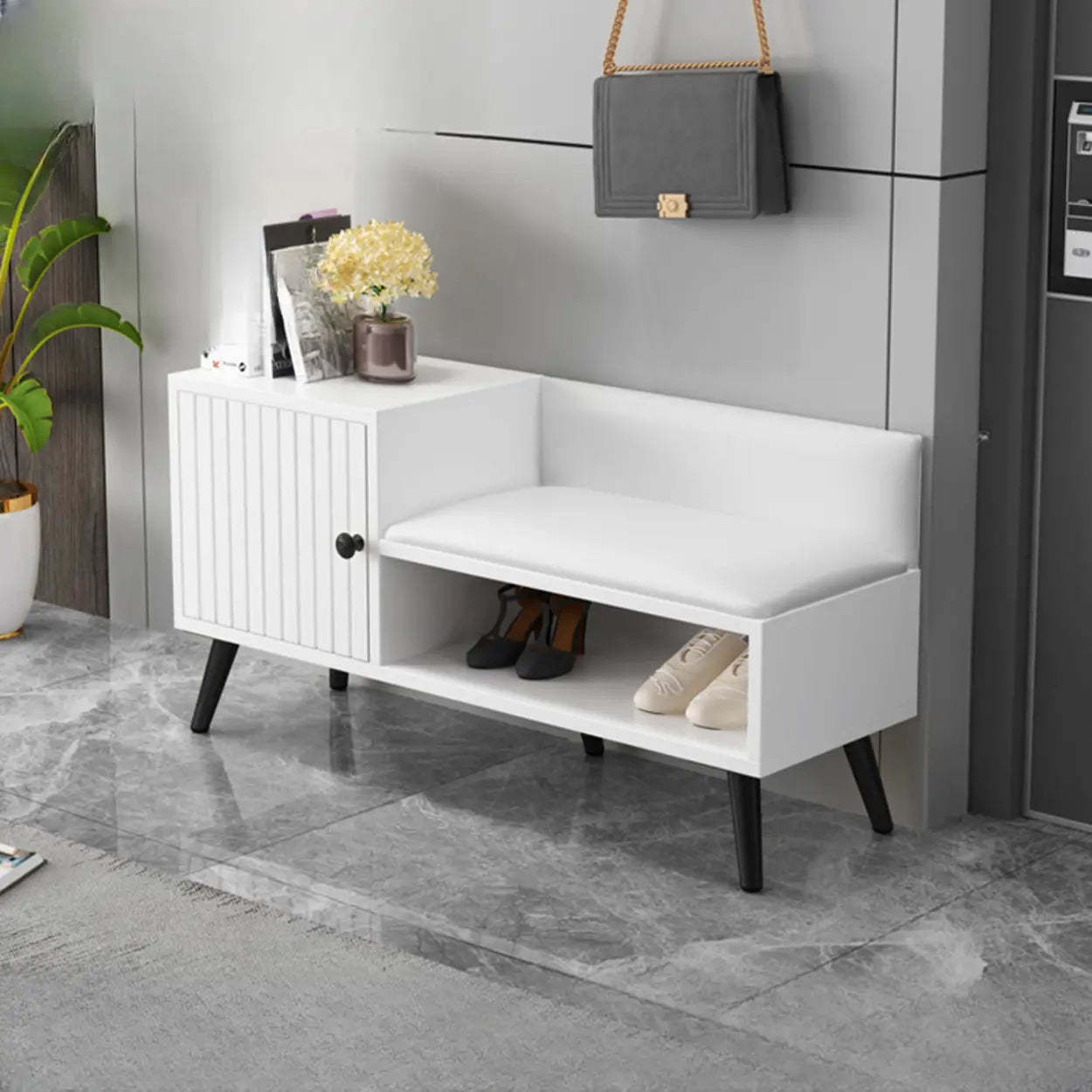 Modern Gray Wood Entry Shoe Storage Bench Cabinet — White-Black