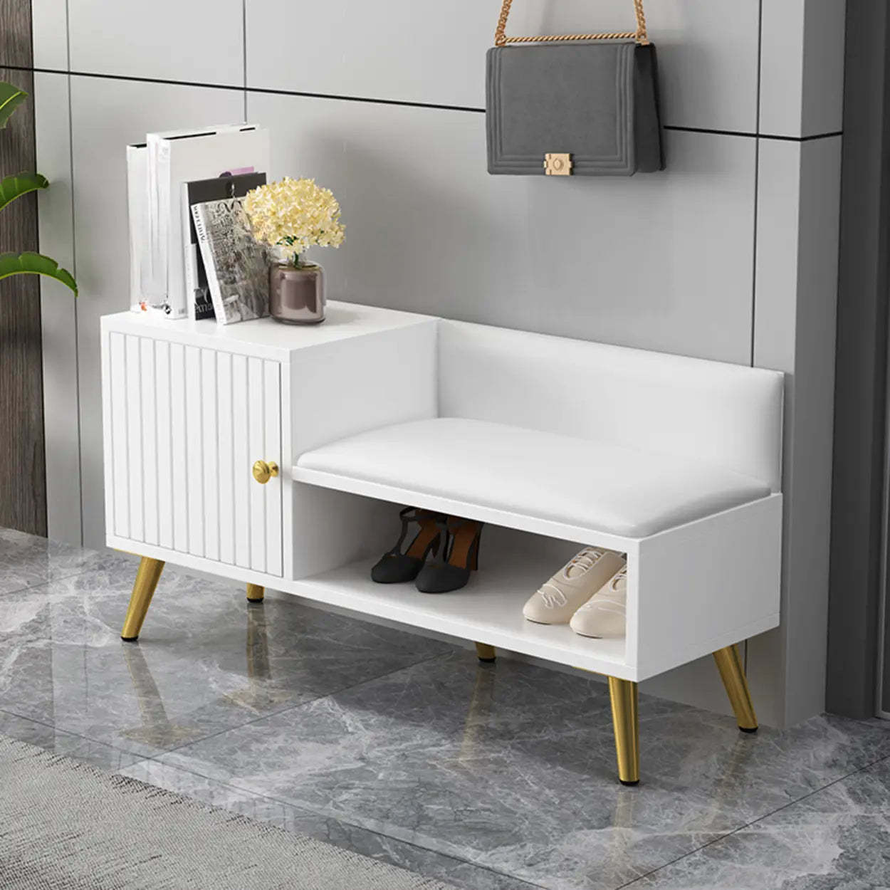 Modern Gray Wood Entry Shoe Storage Bench Cabinet — White-Black