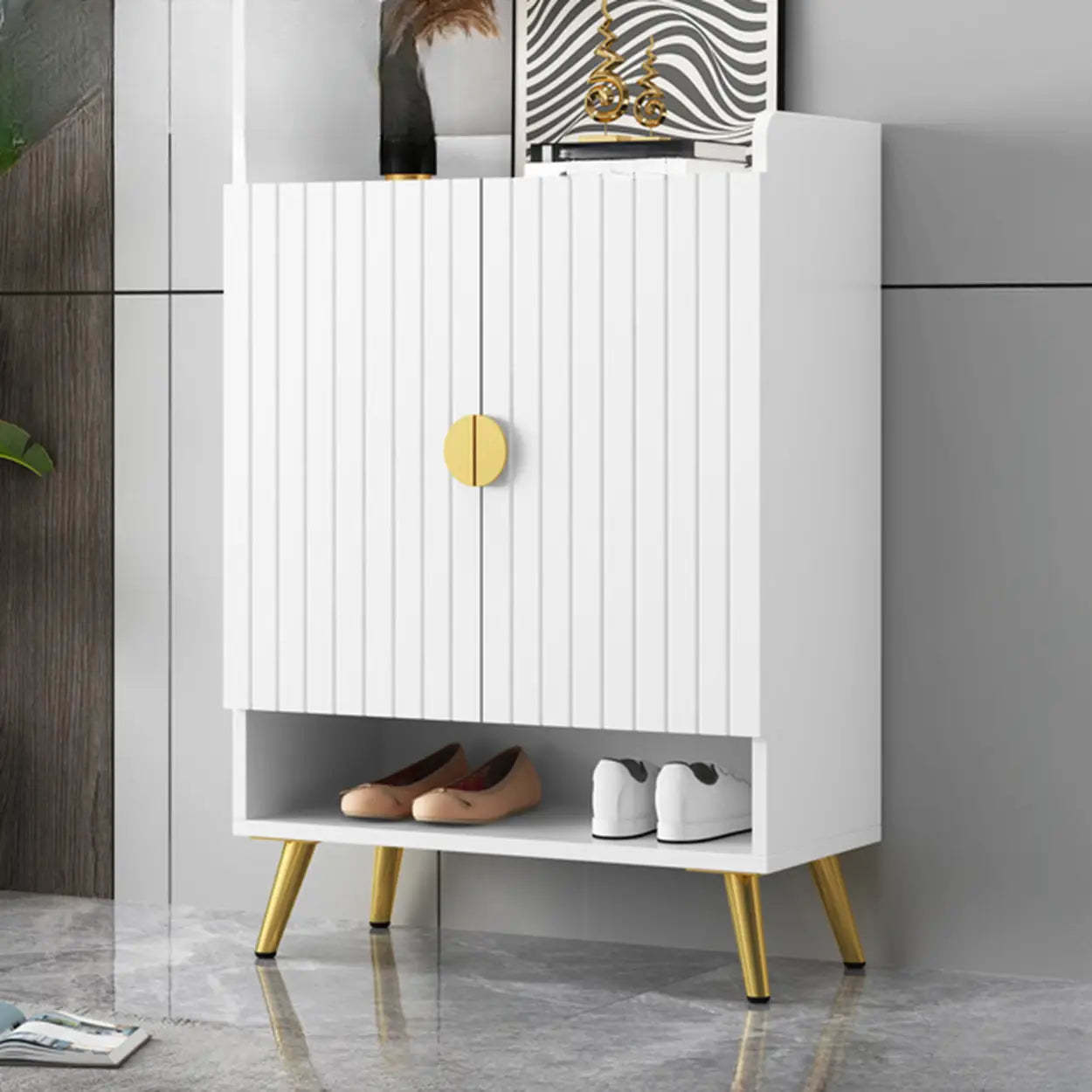 Modern Gray Wood Entry Shoe Storage Bench Cabinet — Grey-Gold