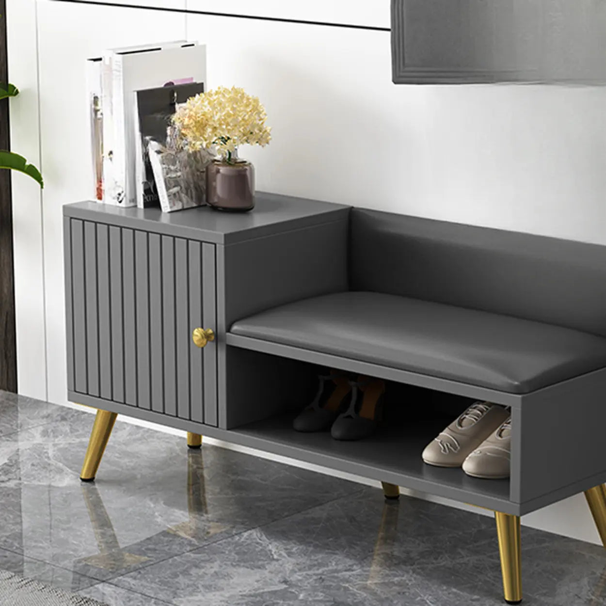 Modern Gray Wood Entry Shoe Storage Bench Cabinet — Grey-Gold