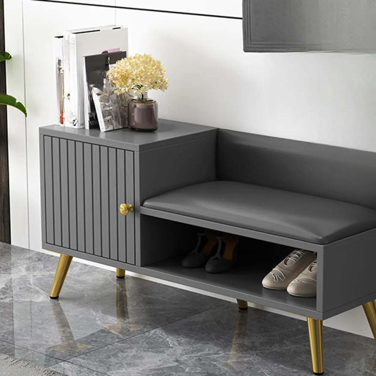 Modern Gray Wood Entry Shoe Storage Bench Cabinet — Grey-Gold
