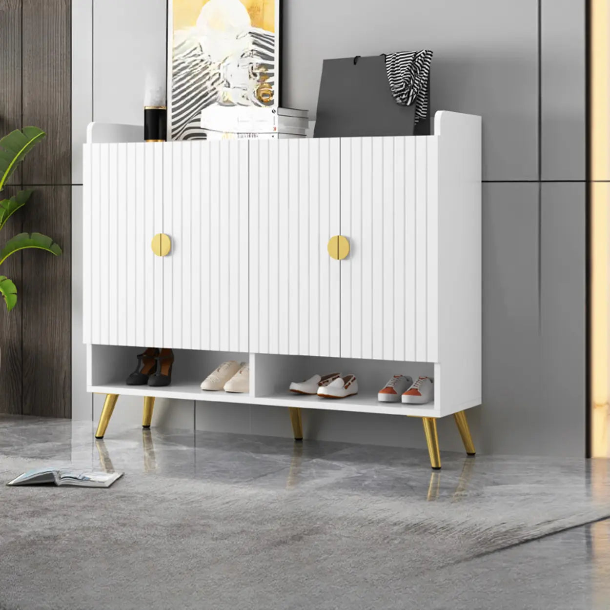 Modern Gray Wood Entry Shoe Storage Bench Cabinet — White-Gold