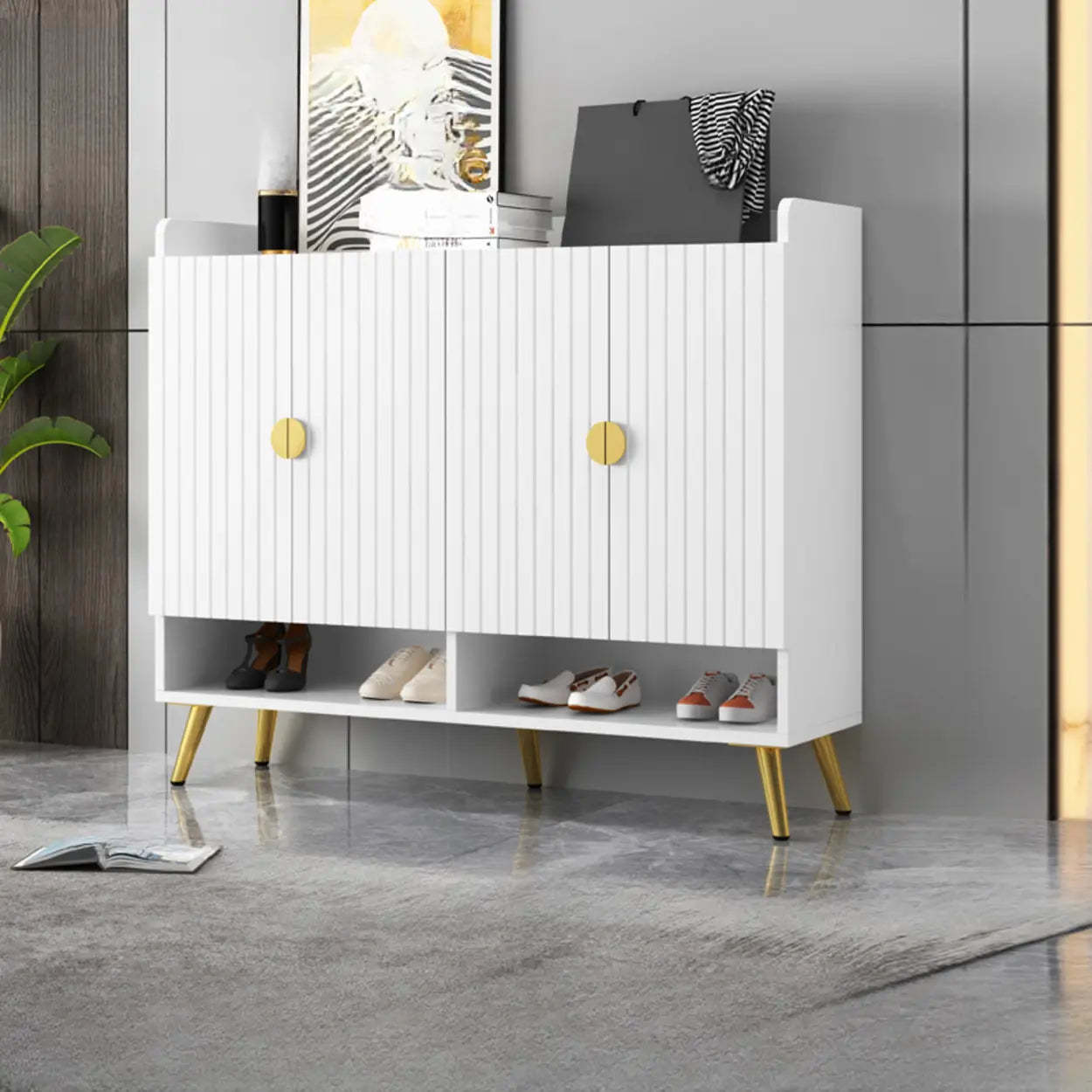 Modern Gray Wood Entry Shoe Storage Bench Cabinet — White-Gold