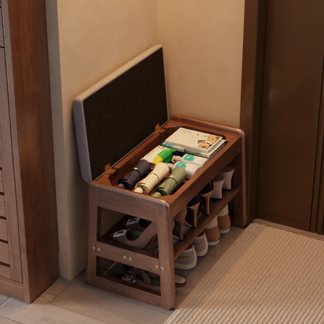 Modern Brown Wood Entryway 2-Tier Shoe Storage Bench — White