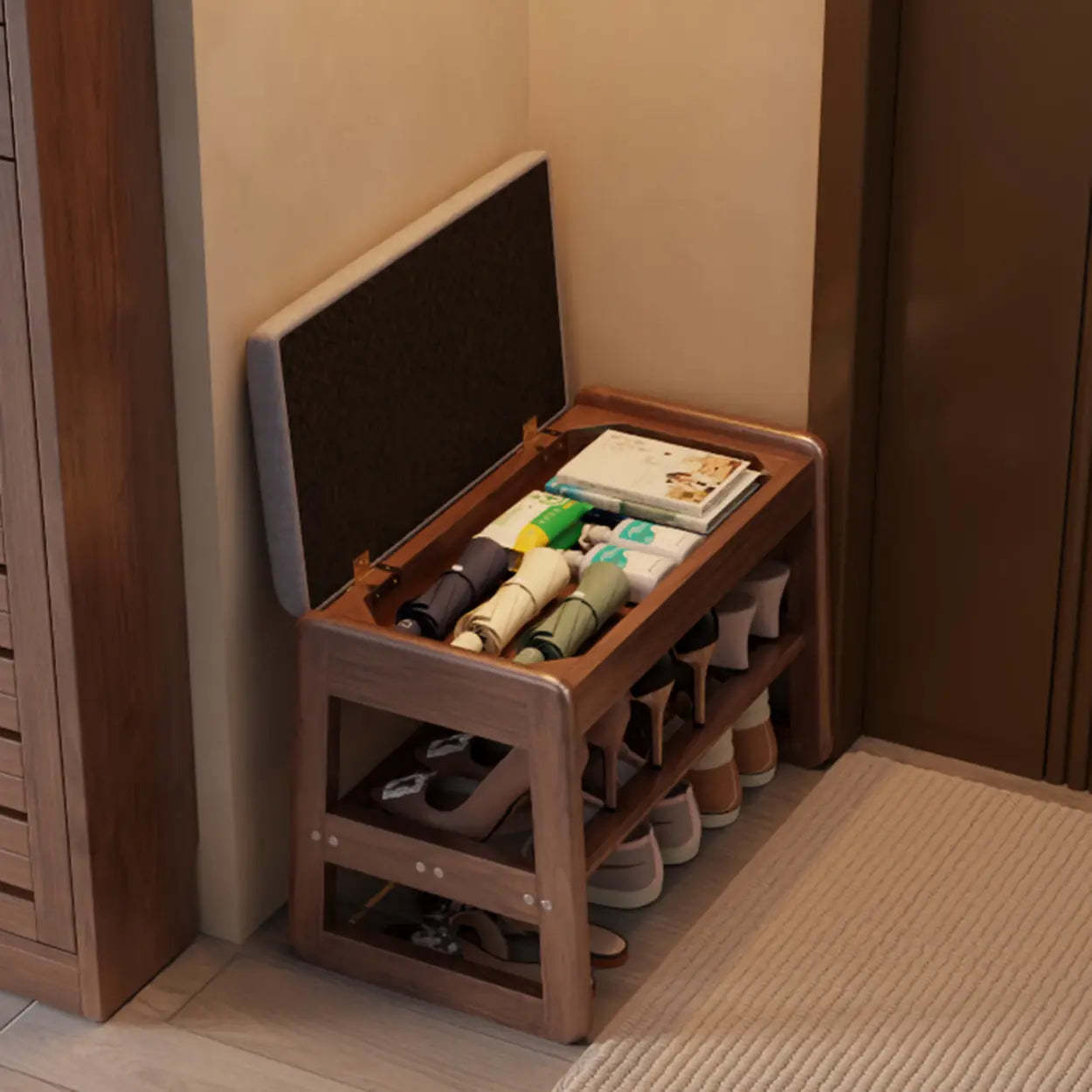 Modern Brown Wood Entryway 2-Tier Shoe Storage Bench — White