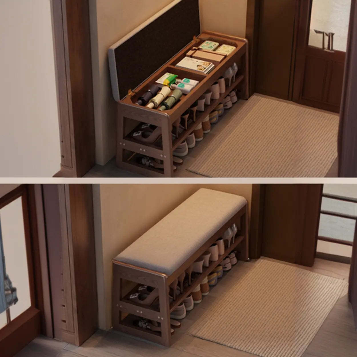 Modern Brown Wood Entryway 2-Tier Shoe Storage Bench — Beige/Brown