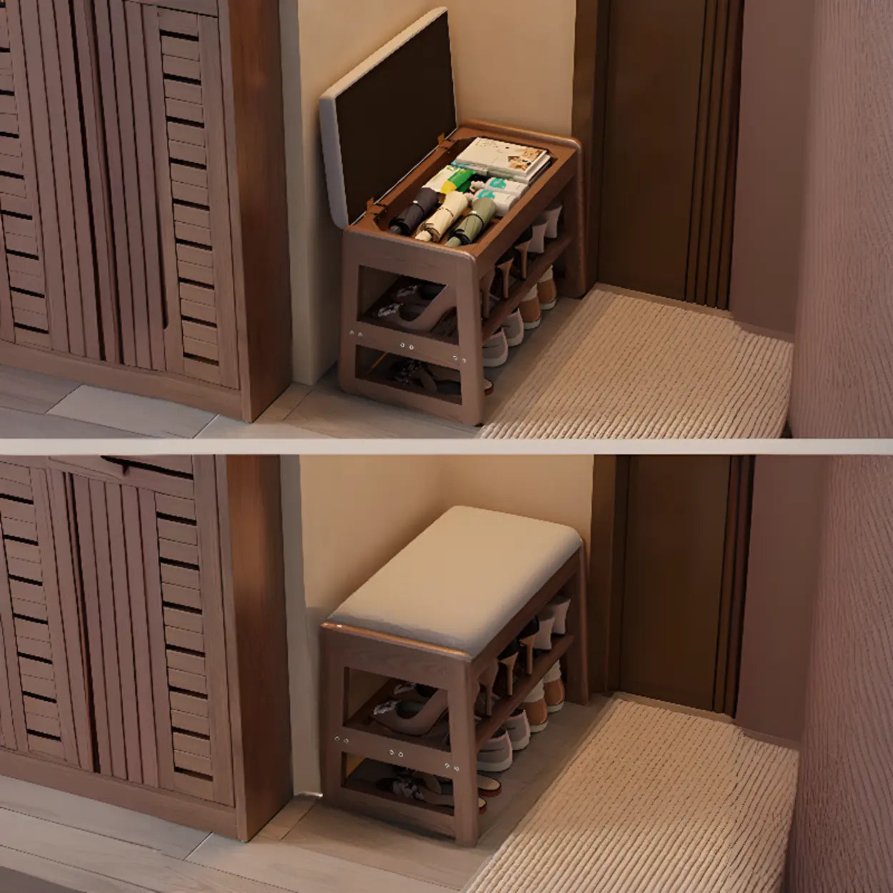 Modern Brown Wood Entryway 2-Tier Shoe Storage Bench — Nut-Brown