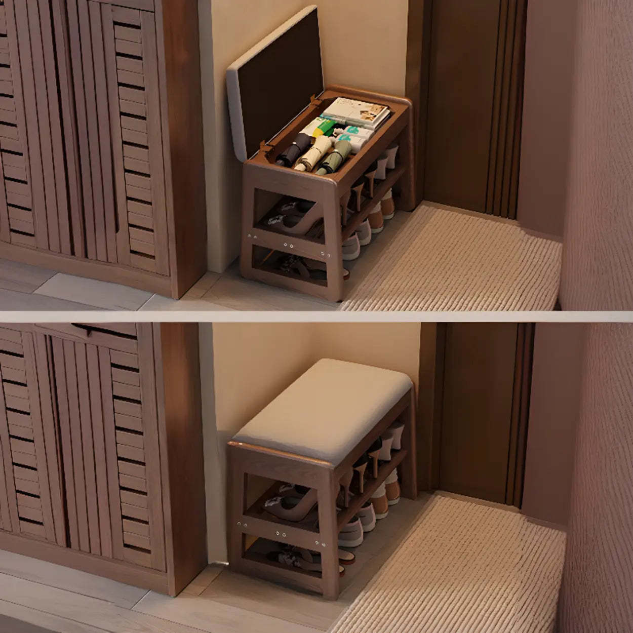 Modern Brown Wood Entryway 2-Tier Shoe Storage Bench — Nut-Brown