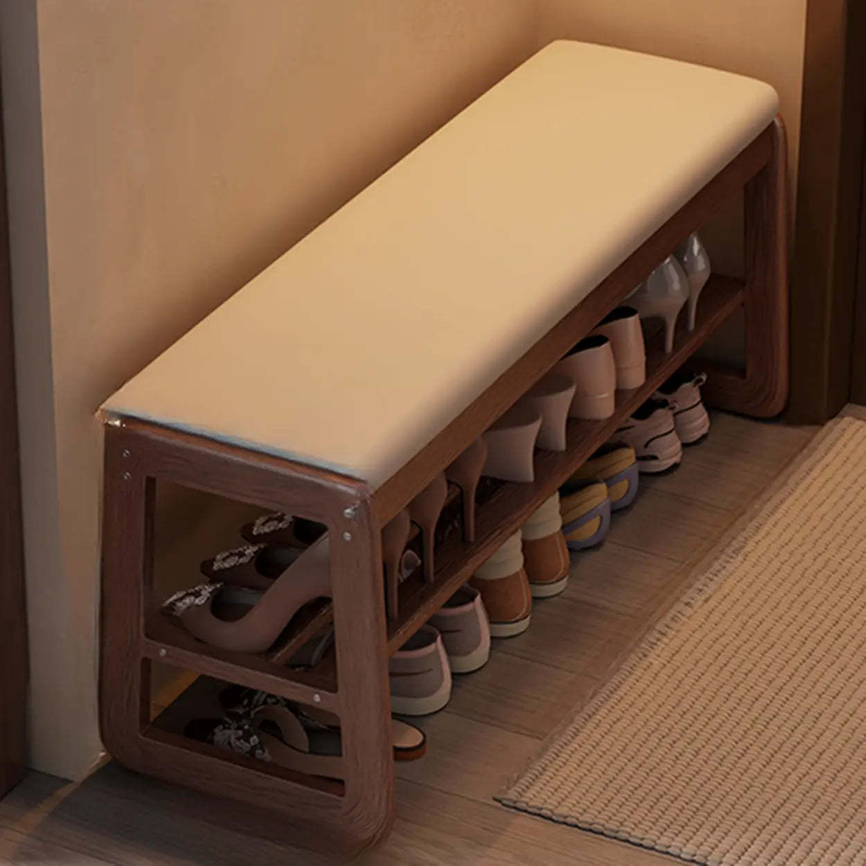 Modern Brown Wood Entryway 2-Tier Shoe Storage Bench