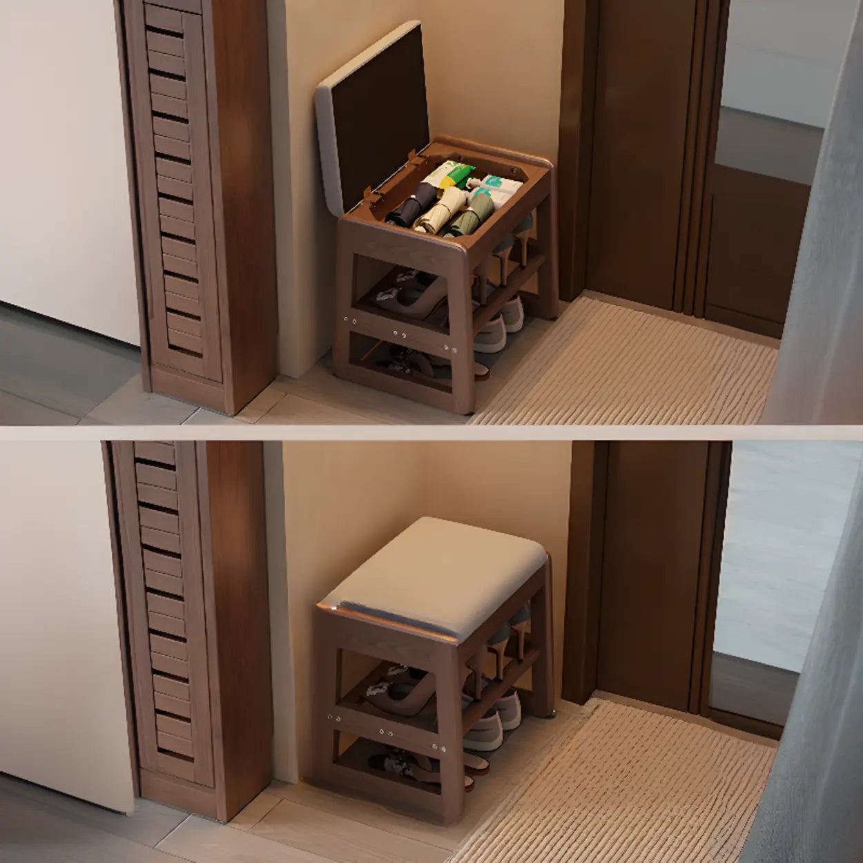 Modern Brown Wood Entryway 2-Tier Shoe Storage Bench — White