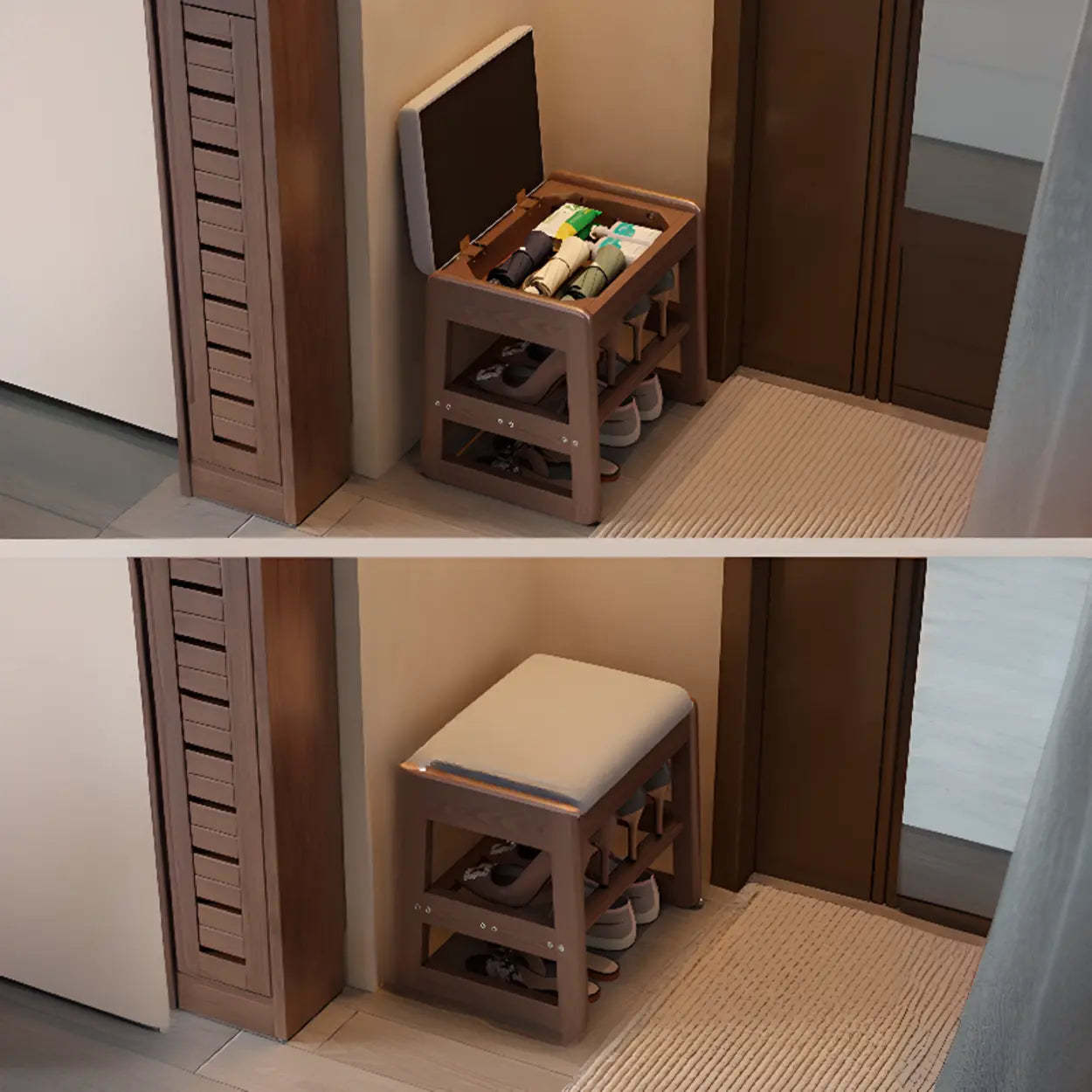 Modern Brown Wood Entryway 2-Tier Shoe Storage Bench — White