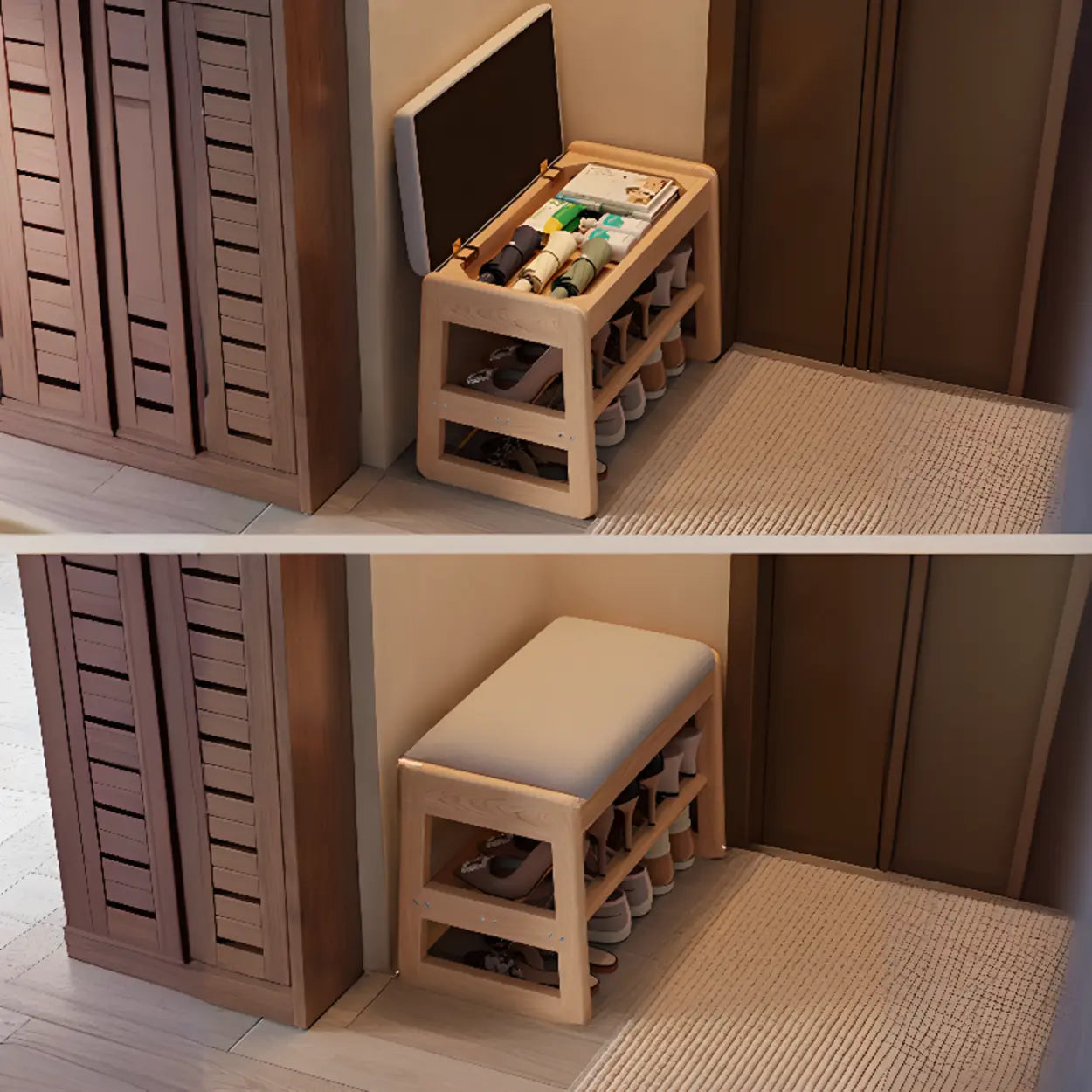 Modern Brown Wood Entryway 2-Tier Shoe Storage Bench — Natural