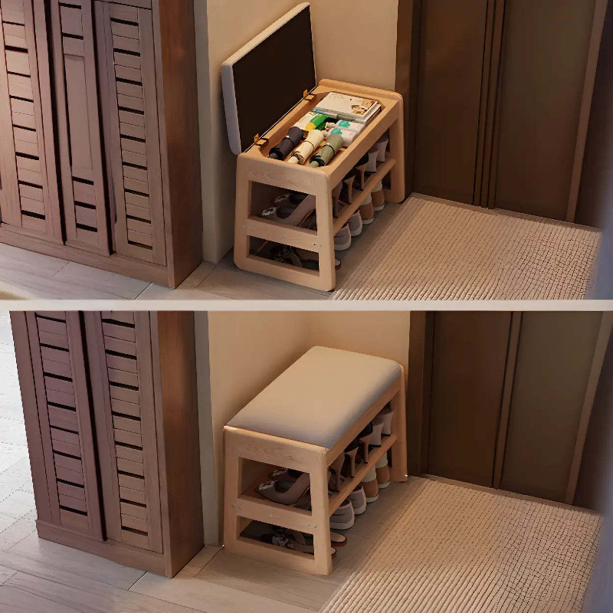 Modern Brown Wood Entryway 2-Tier Shoe Storage Bench — Natural