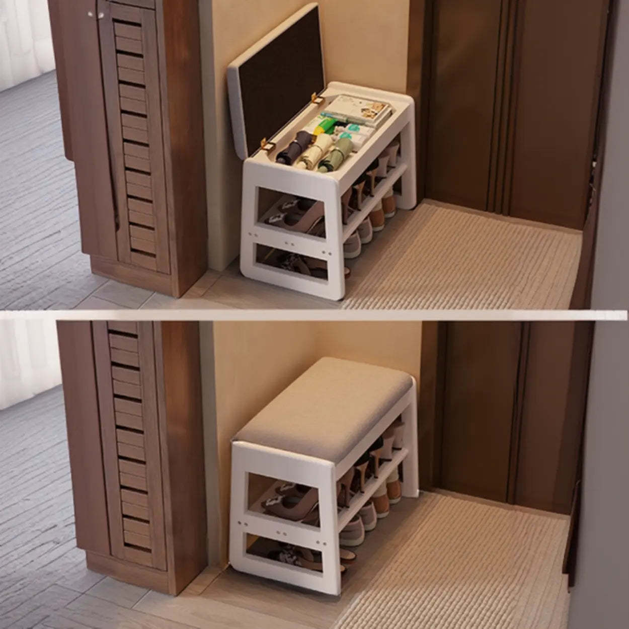 Modern 2-tier shoe brown wood shoe storage — 23.5"L x 13.4"W x 15.7"H / White