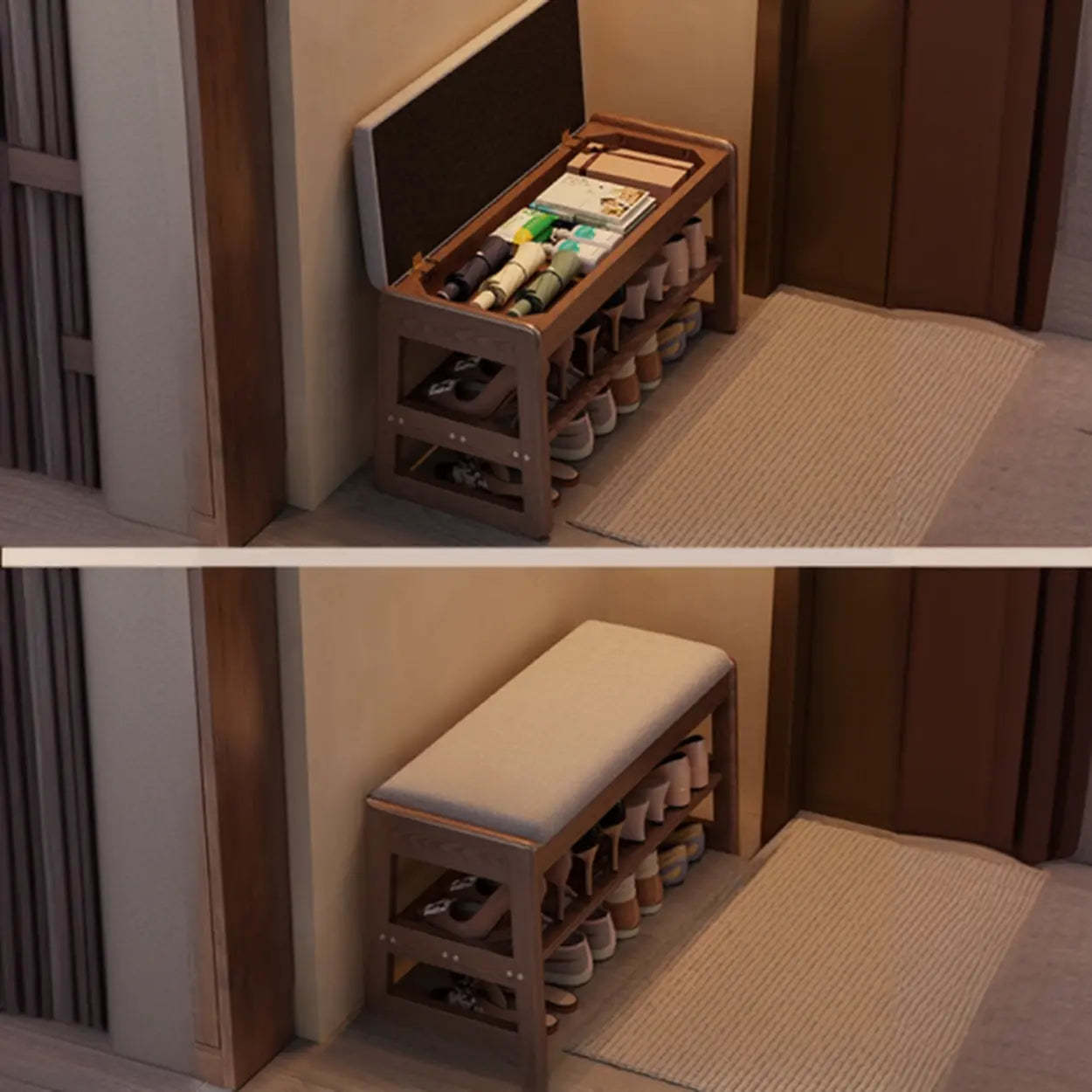 Modern Brown Wood Entryway 2-Tier Shoe Storage Bench — White