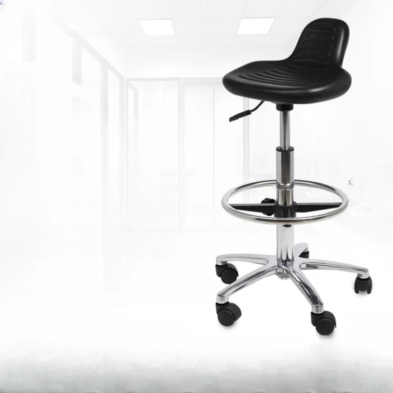 Modern Black Alloy Low-Back Stool with Casters