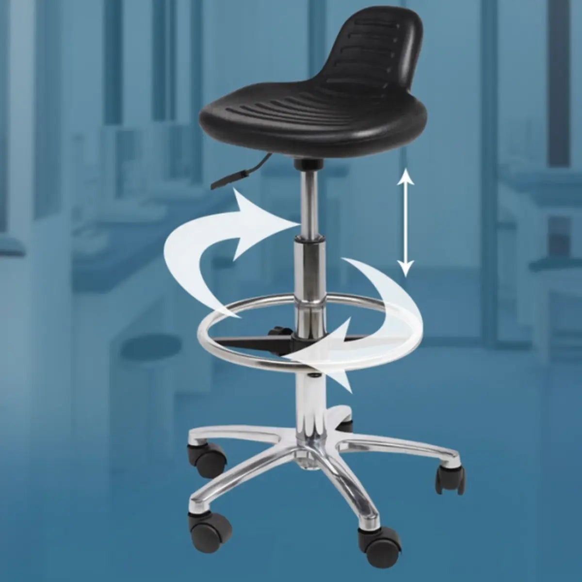 Modern Black Alloy Low-Back Stool with Casters