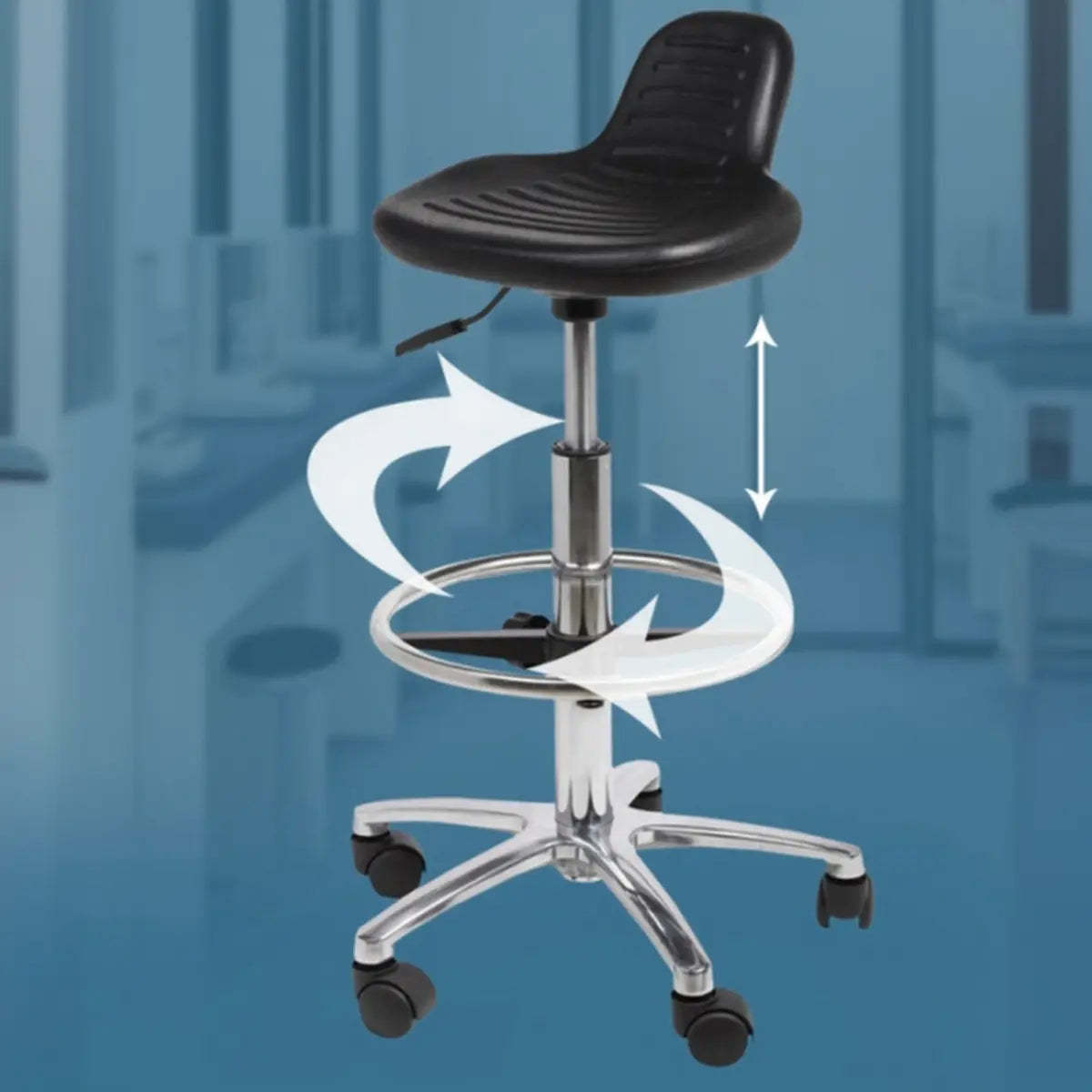 Modern Black Alloy Low-Back Stool with Casters