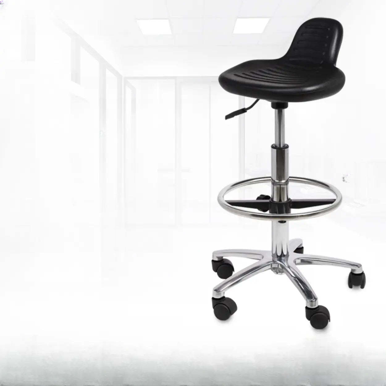 Modern Black Alloy Low-Back Stool with Casters — Casters Included / Aluminium Alloy Leg / Footring Included