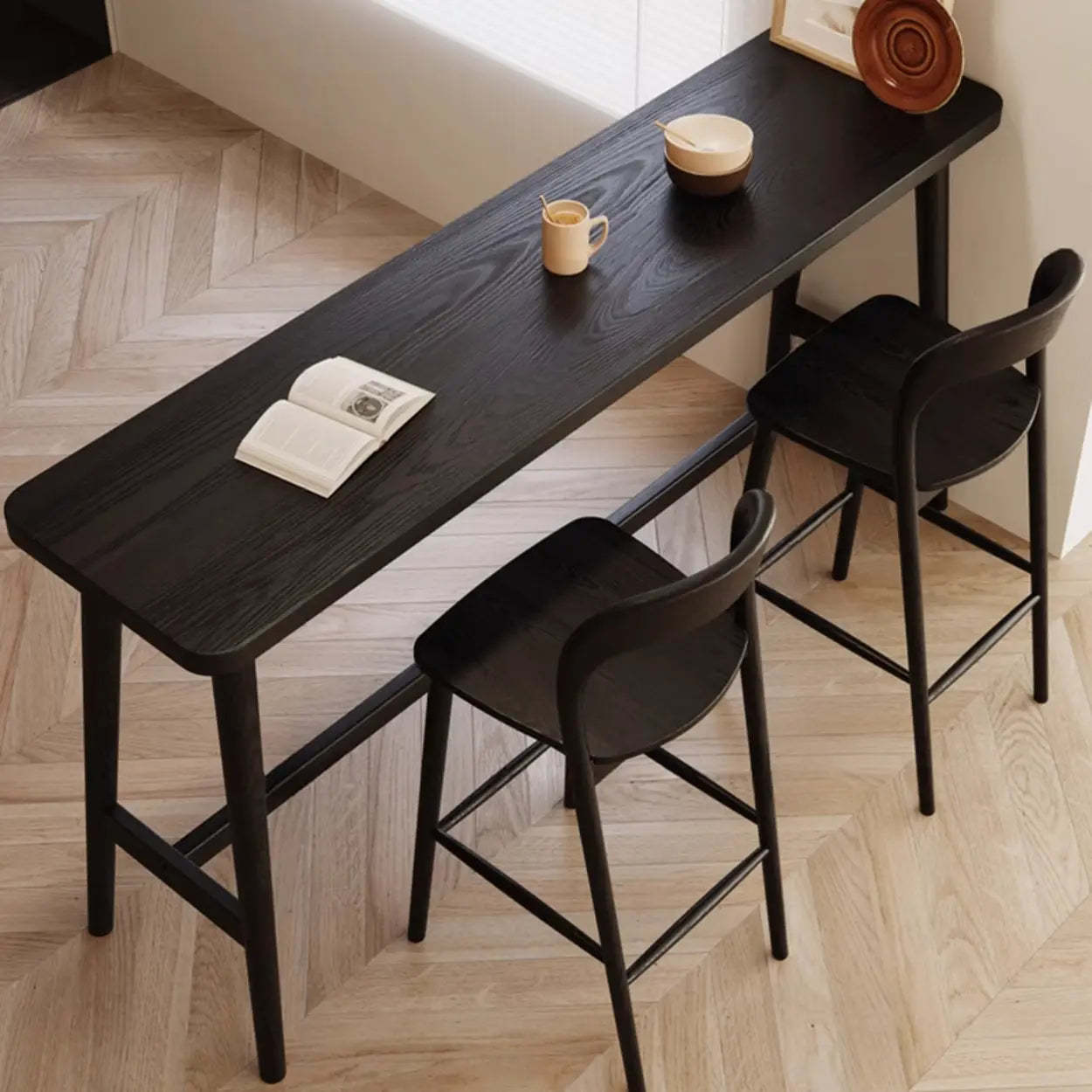 Minimalist Slim Black Wood Bar Table with Footrest — Pine / Table Only