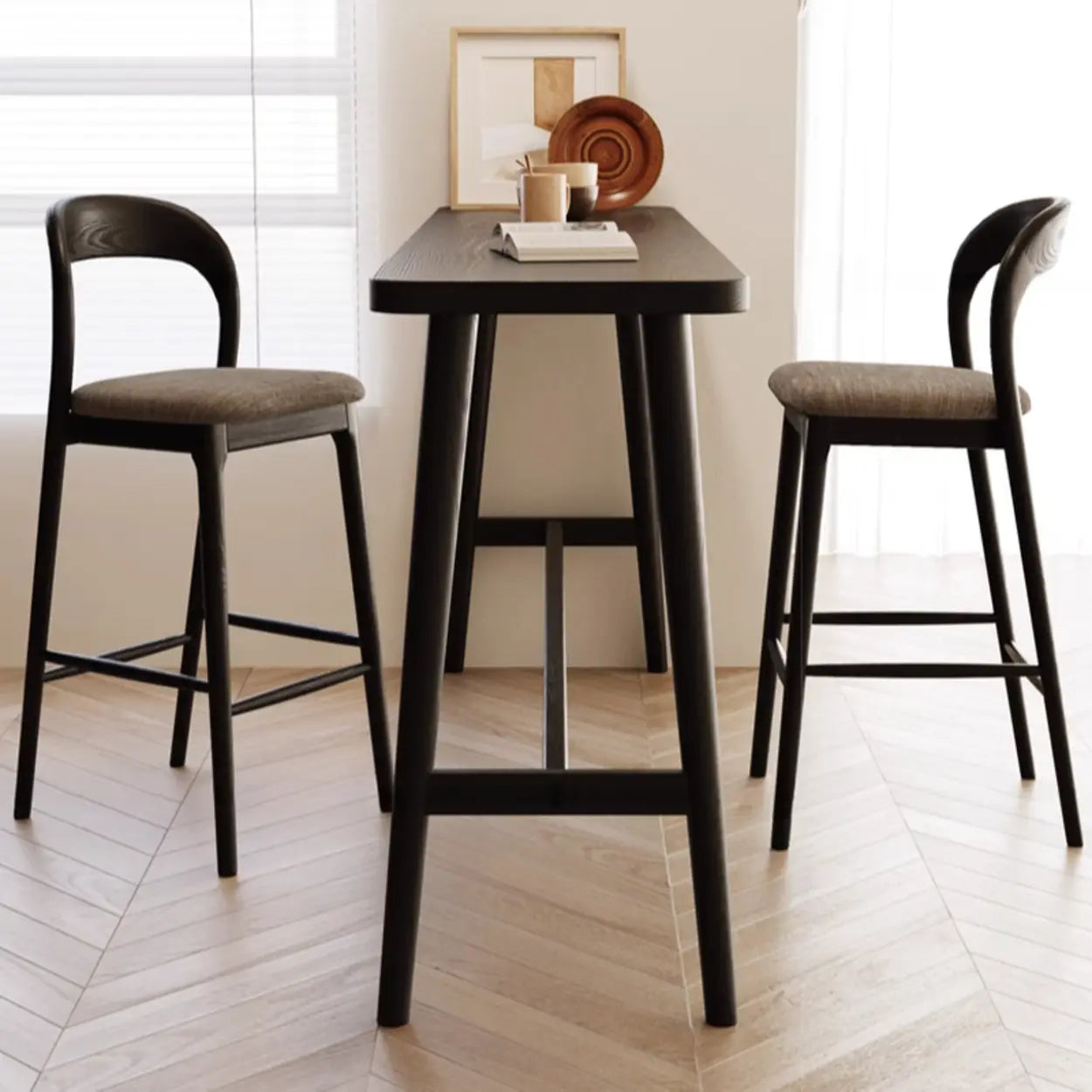 Minimalist Slim Black Wood Bar Table with Footrest — Pine / Table Only