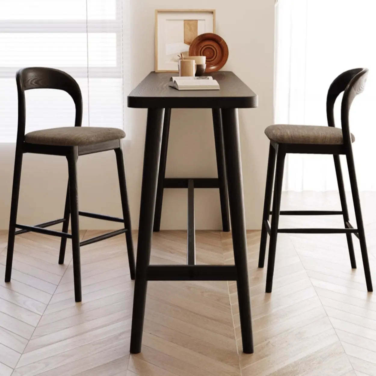 Minimalist Slim Black Wood Bar Table with Footrest — Pine / Table Only
