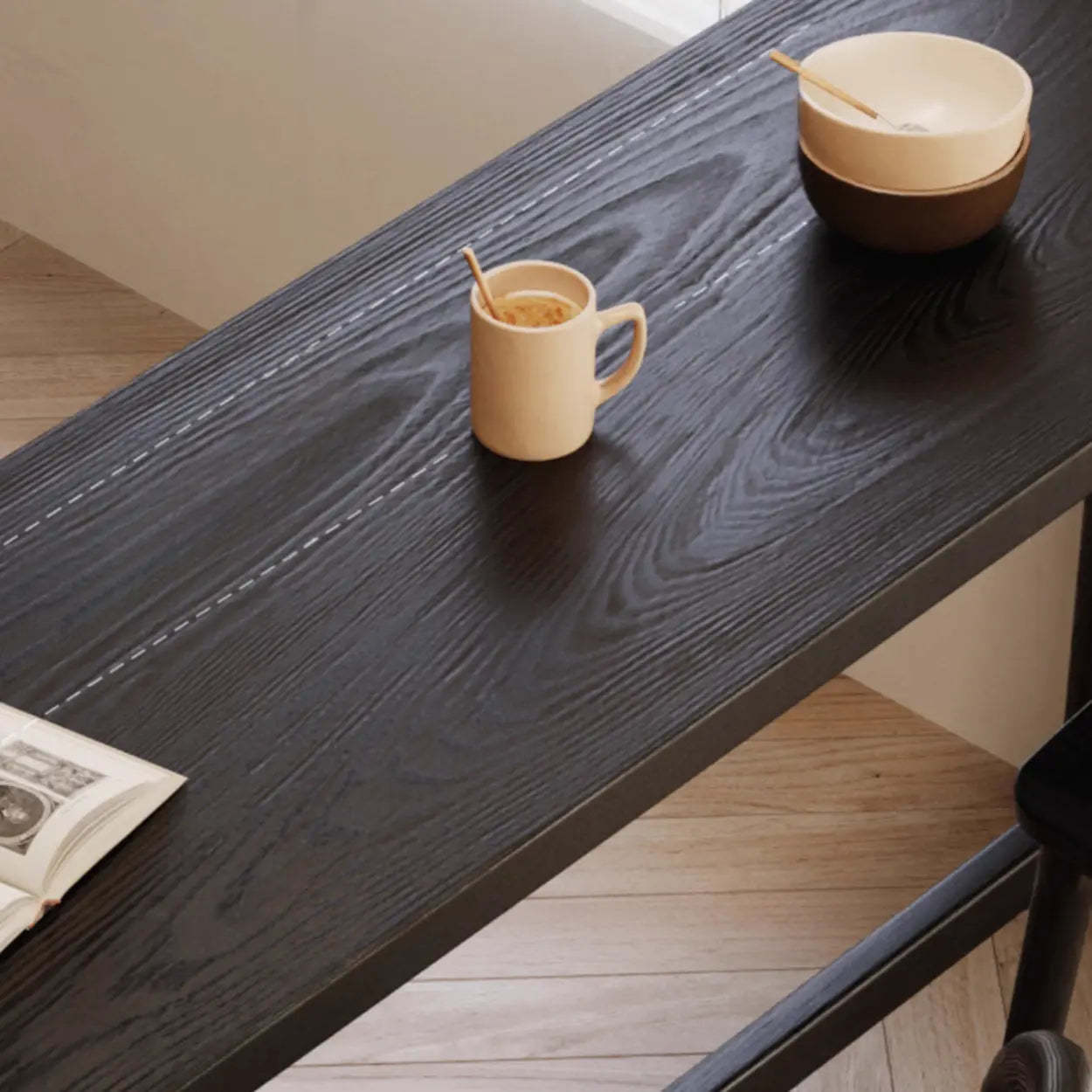 Minimalist Slim Black Wood Bar Table with Footrest — Pine / Table Only