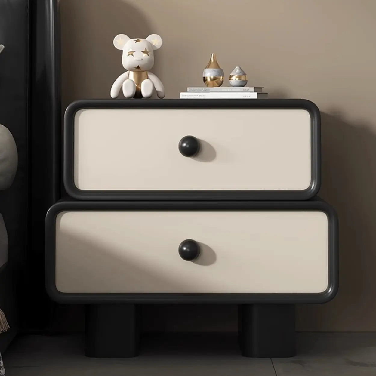 Modern Black Cream Leather 2-Tier Nightstand