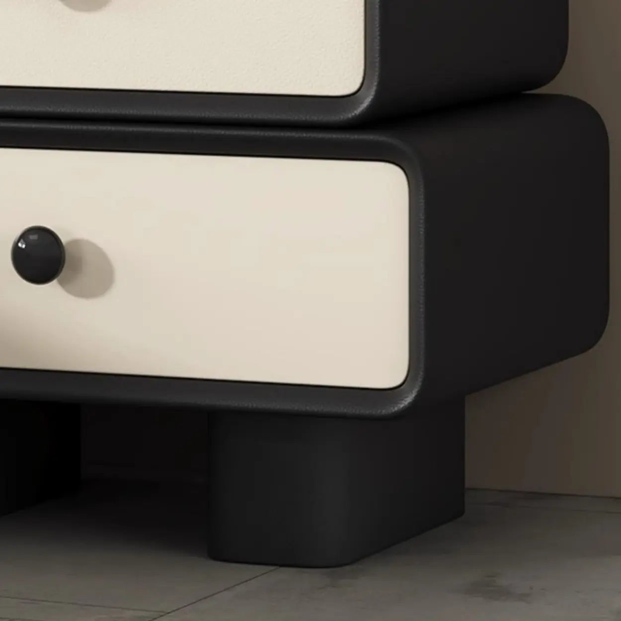 Modern Black Cream Leather 2-Tier Nightstand — Light Gray/ Beige