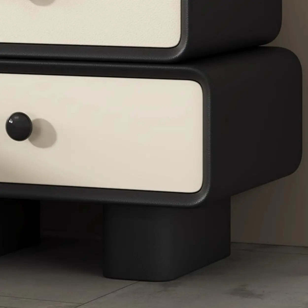 Modern Black Cream Leather 2-Tier Nightstand — Light Gray/ Beige