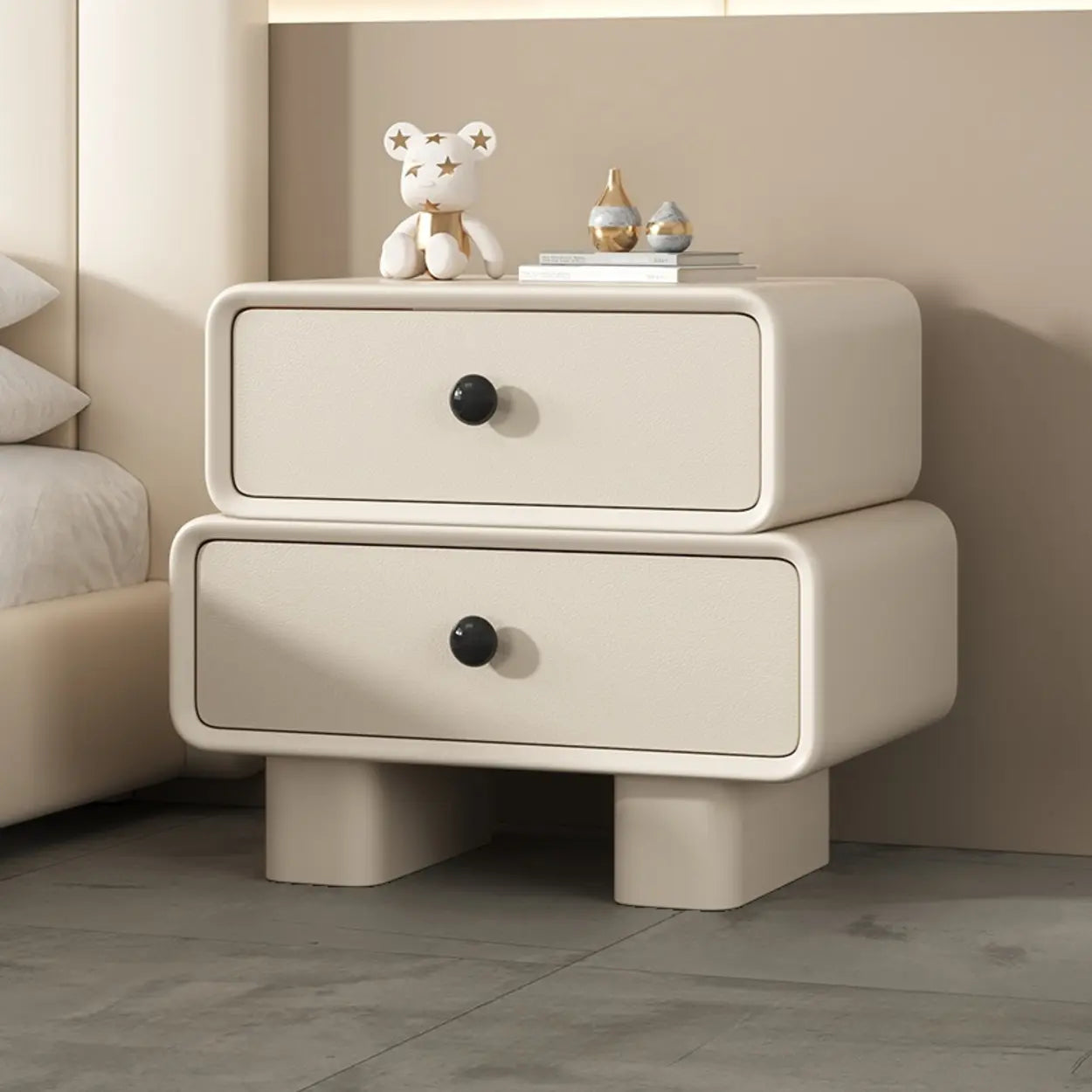 Modern Black Cream Leather 2-Tier Nightstand — Light Gray/ Beige