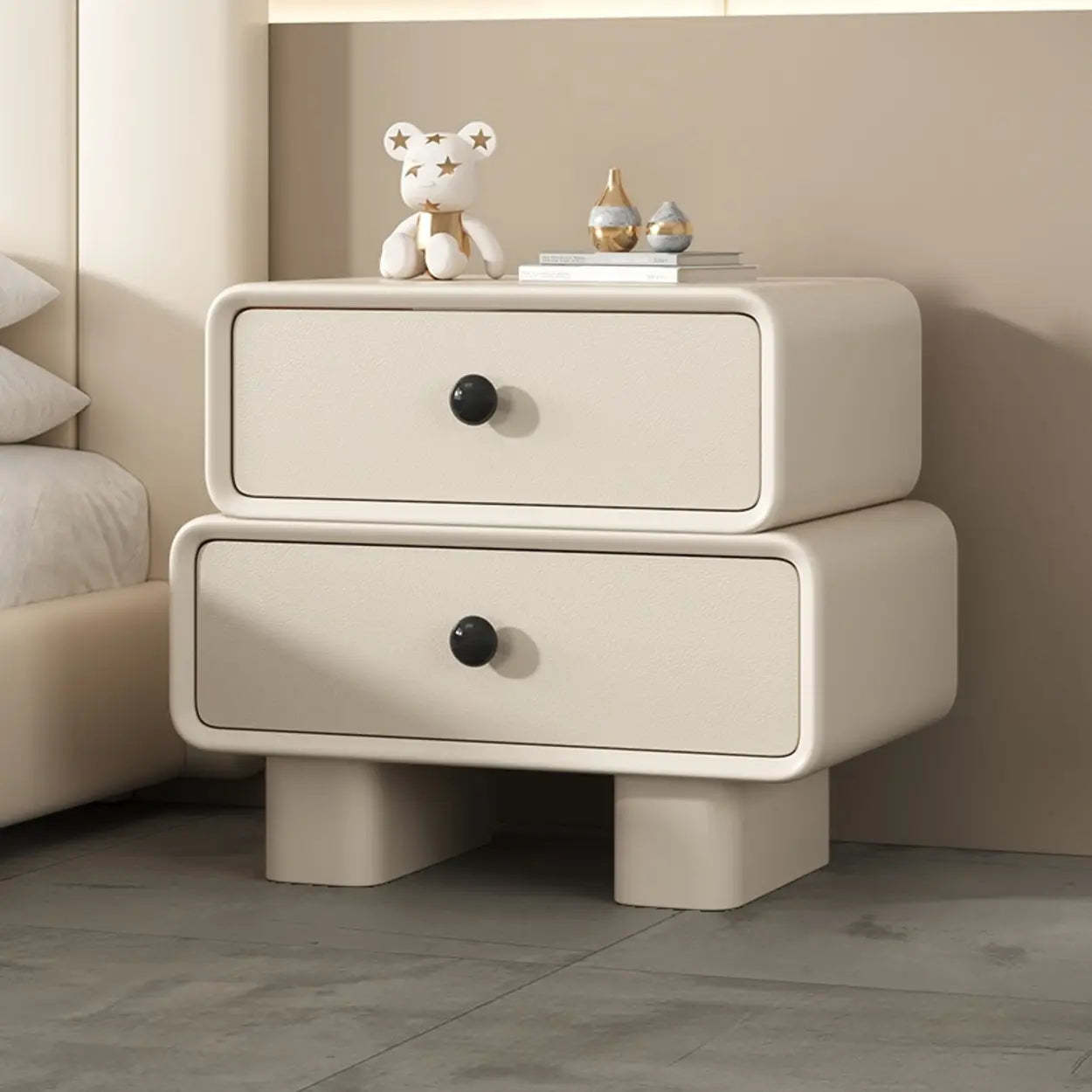 Modern Black Cream Leather 2-Tier Nightstand — Light Gray/ Beige