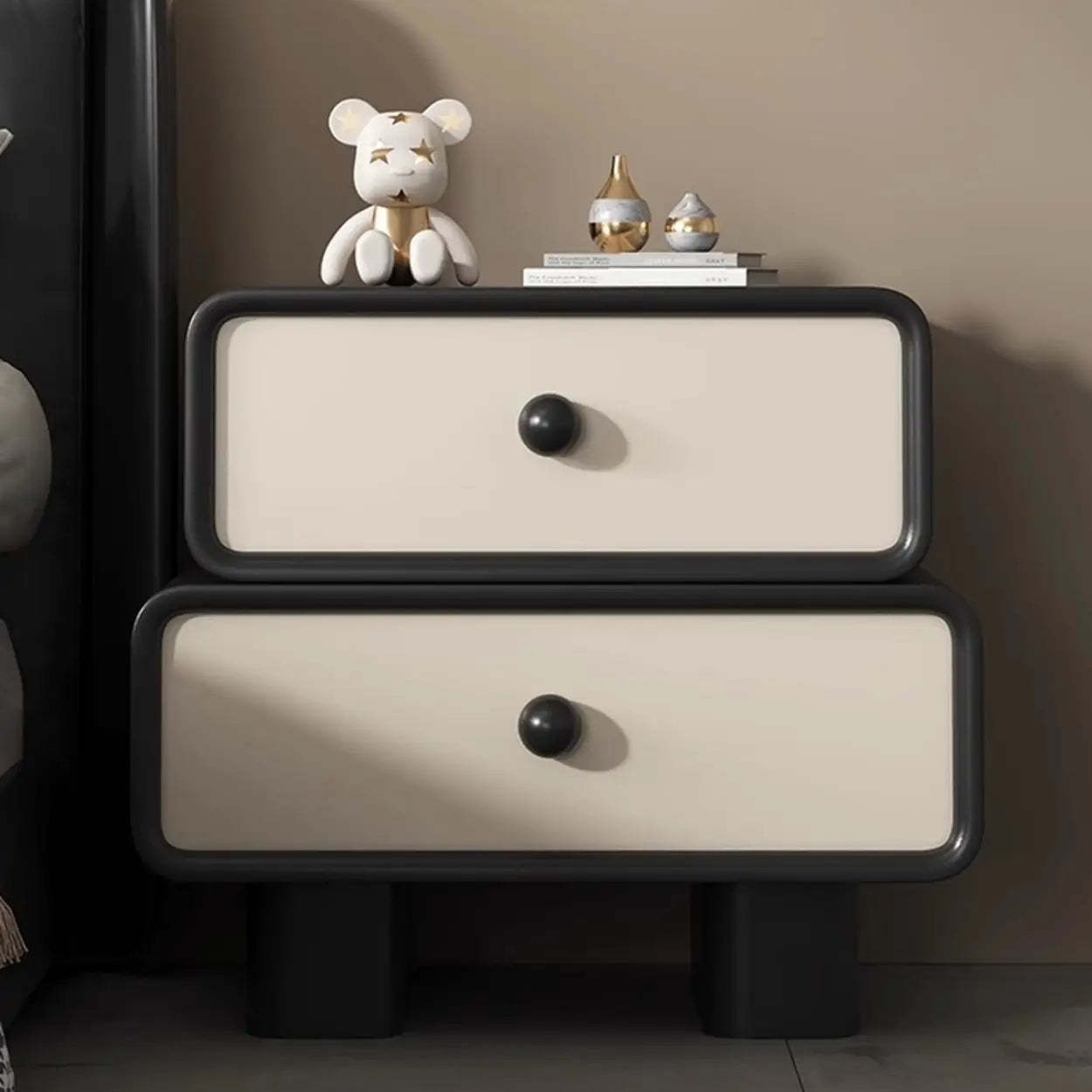 Modern Black Cream Leather 2-Tier Nightstand — Off-White