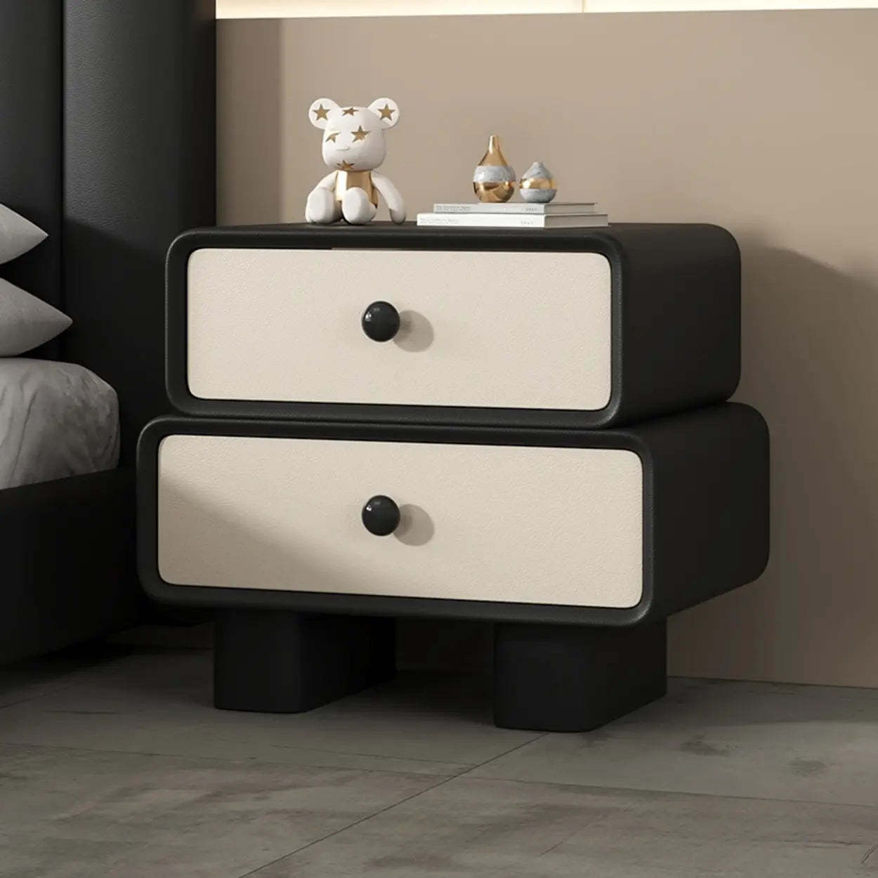 Modern Black Cream Leather 2-Tier Nightstand — Off-White