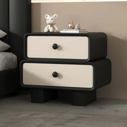 Modern Black Cream Leather 2-Tier Nightstand — Off-White
