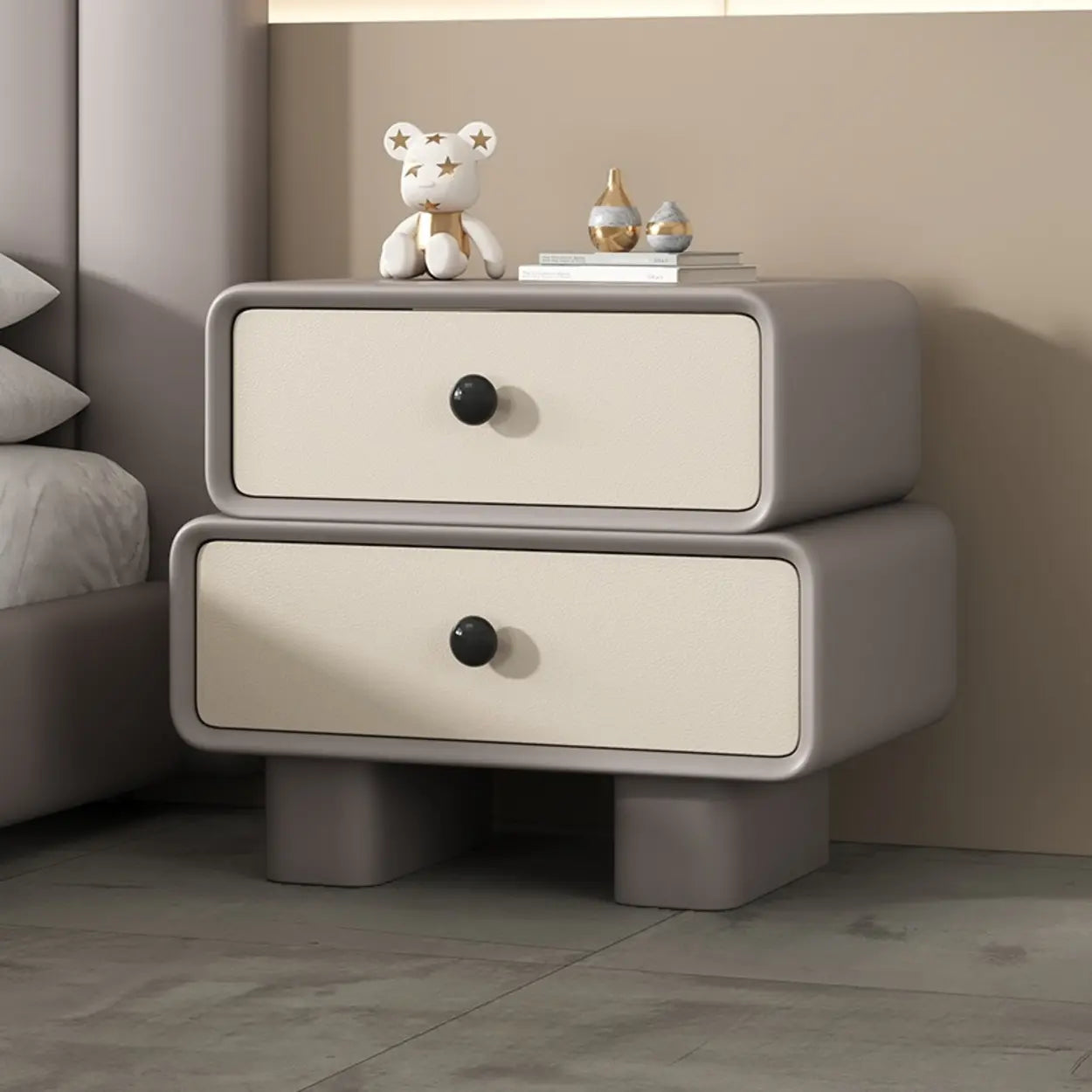 Modern Black Cream Leather 2-Tier Nightstand — Off-White